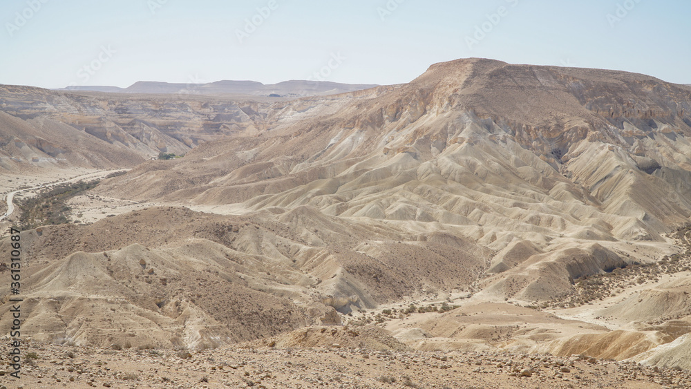 Mitzpe Ramon dry canyon landscape in the Negev desert of Israel.