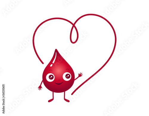 Vector illustration of blood drop character with heart. Cute and kind little red droplet. Good for logo, stickers, poster, paper cards for world blood donor day 14th june.