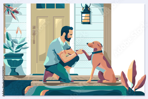 Guy on the porch paw of dog. Handsome young man with dog outdoors.