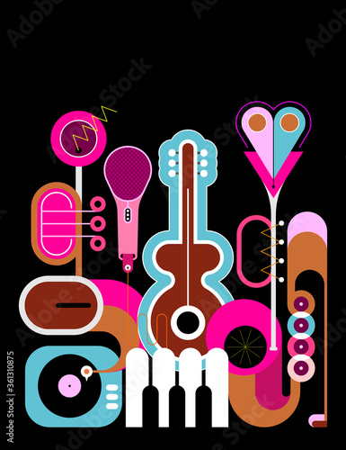Flat style colored design isolated on a black background Music Instruments vector illustration. Art composition of guitar, saxophone, piano keyboard, trumpet, microphone and gramophone.