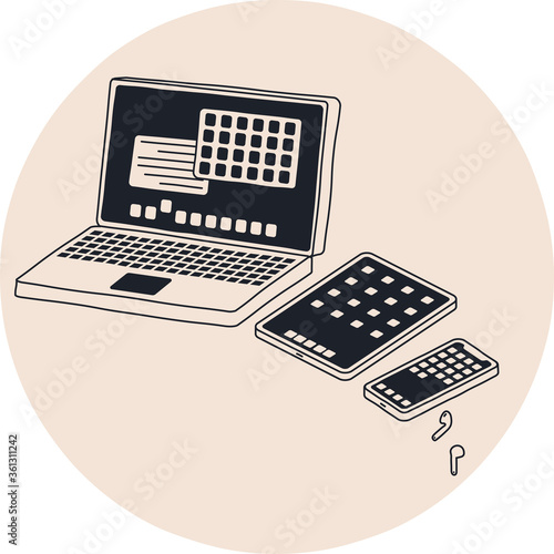 A few electronic devices grouped together with the screens turned on showing icons. A laptop computer, tablet, smartphone and earphones. Simple hand drawn cartoon style vector illustration