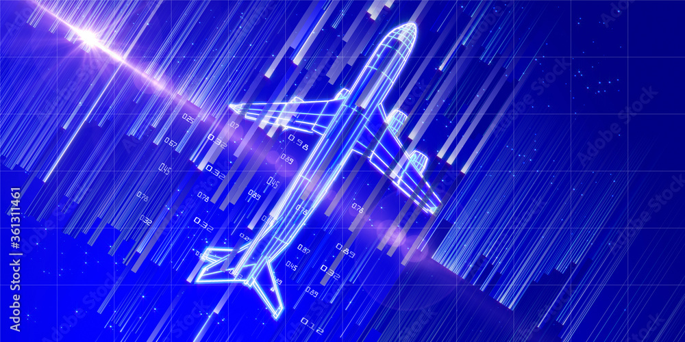 Big data. Abstract background with digital grid mesh airplane and blurred lines on blue sky. 3d wireframe plane engineering concept with lens effects. Travel, tourism, transport banner. Big data. Abstract background with digital grid mesh airplane and blurred lines on blue sky. 3d wireframe plane engineering concept with lens effects. Travel, tourism, transport banner.
