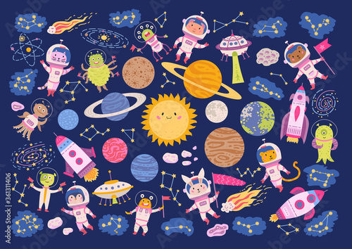 Big set of animal astronauts in space
