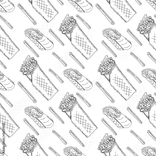 Seamless pattern with doner kebab chicken roll pitta bread with french fries on white background. Vector hand drawn sketch illustration in doodle outline. East fast food cuisine, baked grill street