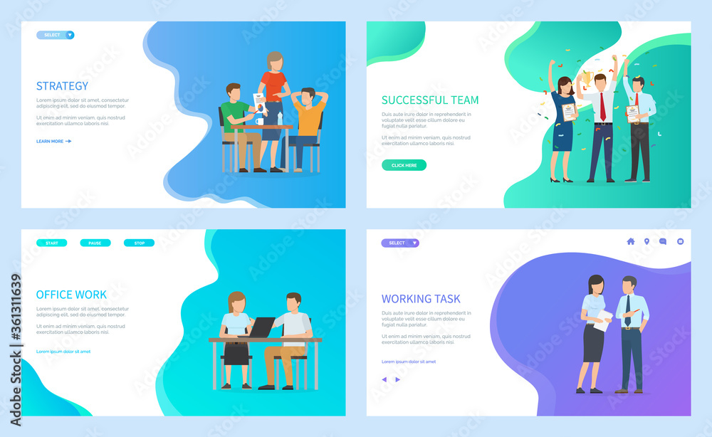 Successful team, people celebrating achievements and success, man and woman at work, meeting and discussion. Winners of business case set , website or webpage template, landing page flat style