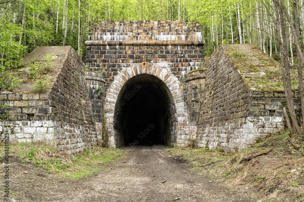 old abandoned railway tunnel, stone-lined tunnel entrance