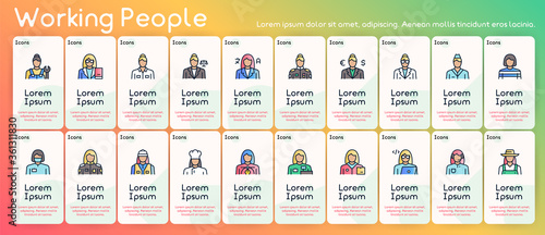 Vector color linear icon set of workers women objects