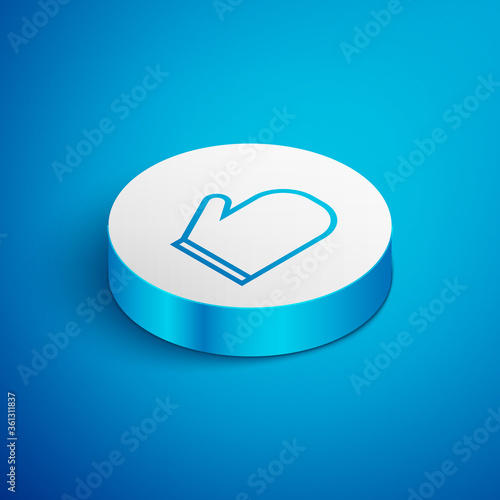 Isometric line Oven glove icon isolated on blue background. Kitchen potholder sign. Cooking glove. White circle button. Vector Illustration.