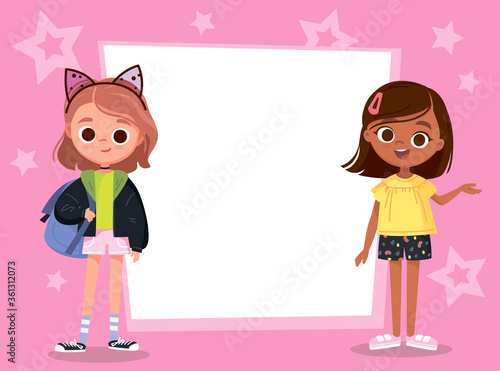 School teenage girls standing infront of white board, display. Template with pink background.