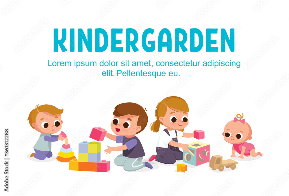 Kids spending time together playing toys in kinder garden. Playroom with children. Isolated vector illustration on white background. Kids spending time together playing toys in kinder garden. Playroom with children. Isolated vector illustration on white background.