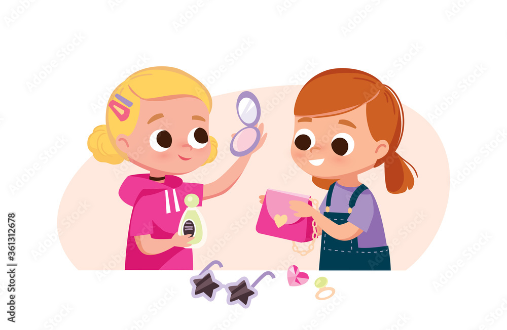 Two little girls playing with beauty toys. Cute kids. Toy women's accessories. Two little girls playing with beauty toys. Cute kids. Toy women's accessories.