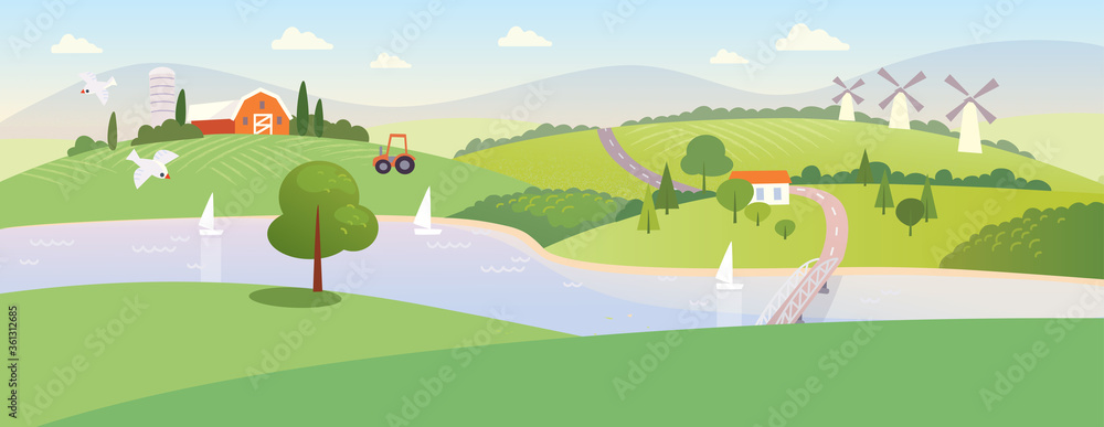 Landscape with countryside. Red farm building. Summer fields with the river and mills.