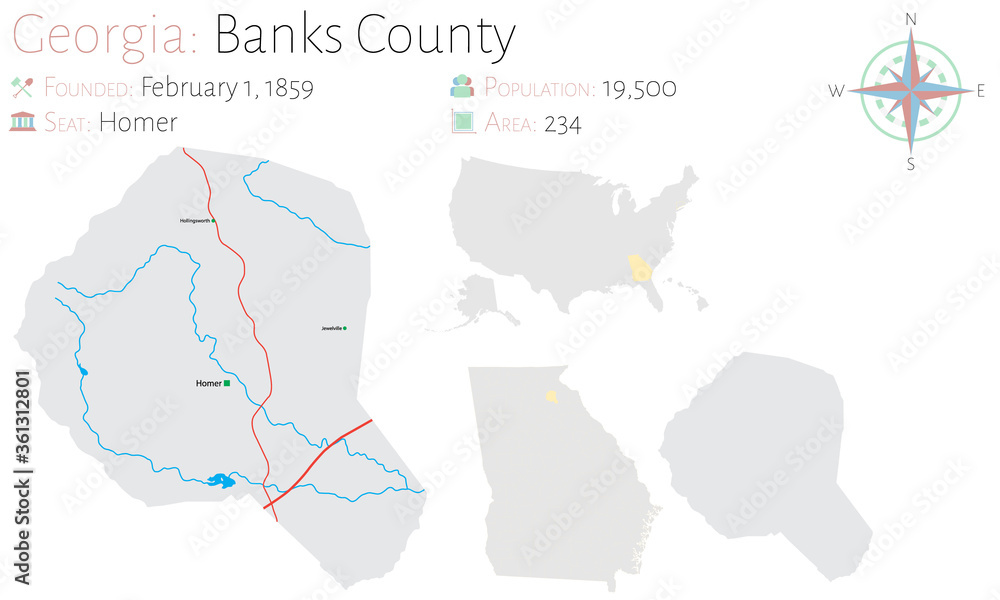 Large and detailed map of Banks county in Georgia, USA.
