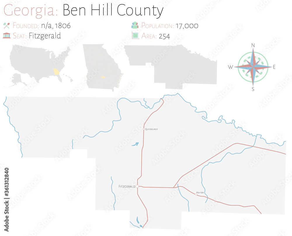 Large and detailed map of Ben Hill county in Georgia, USA.
