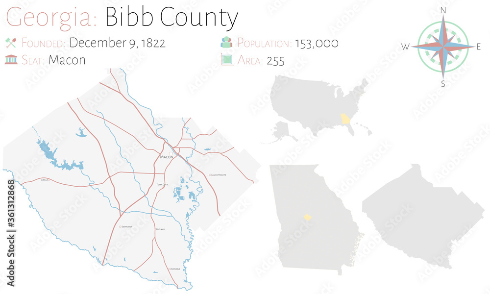 Large and detailed map of Bibb county in Georgia, USA.
