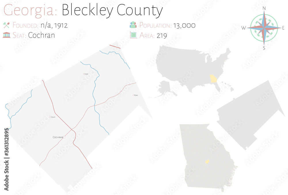 Large and detailed map of Bleckley county in Georgia, USA.
