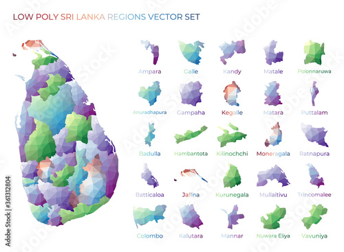 Sri Lankan low poly regions. Polygonal map of Sri Lanka with regions. Geometric maps for your design. Cool vector illustration.