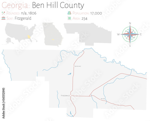 Large and detailed map of Ben Hill county in Georgia, USA. 