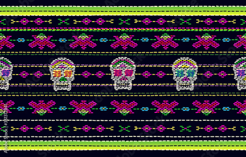 Seamless ethnic mexican fabric border pattern with colorful stripes and Catrina`s skull. Bright multicolor straight stripes texture background, vector. Cranium embroidery carpet. Day of Dead holiday