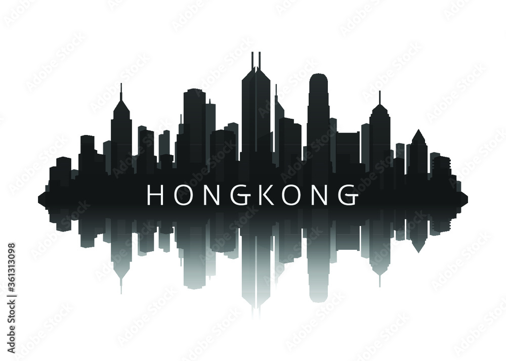 hongkong skyline silhouette in black with reflection