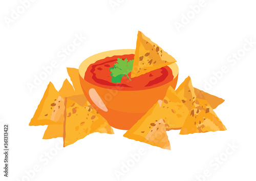 Mexican nachos corn tortilla with tomato salsa sauce icon vector. Nachos icon isolated on a white background. Nacho chips vector. Traditional mexican sauce with corn nachos icon vector