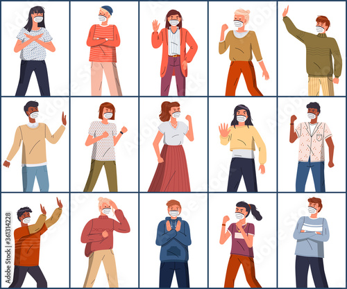 Collection of mix race vector characters protesting against world epidemic. Multinational men and women in medical masks show stop gesture to spreading virus. Cartoon multinational characters