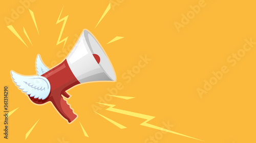 Megaphone with wings is flying. Vector background