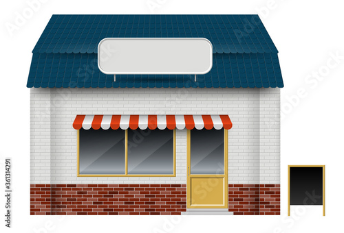 Store or cafe front view on white background. Isolated vector illustration of exterior facade building