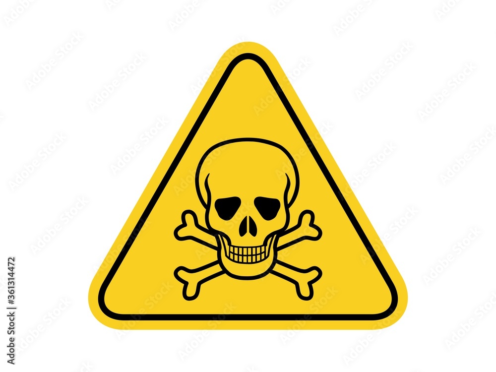 isolated Skull and crossbones, common hazards symbols on yellow round triangle board warning sign for icon, label, logo or package industry etc. flat vector design.