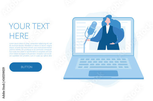 Podcast, female character and a microphone on computer, Vector illustration for web banner, infographics, mobile. 