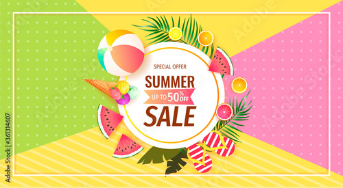 Summer sale promo banner with summer elements, fruits, ice cream. Vector illustration for special offer, flyer, advertising, commercial, banner.