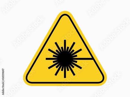 isolated warning laser material  hazards symbols on yellow round triangle board warning sign for icon, label, logo or package industry etc. flat  style vector design.