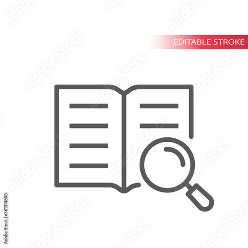 Open book and magnifying glass or magnifier vector icon. Manual, instruction outline icon, editable stroke.