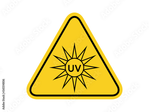 isolated  UV; ultraviolet radiation, common hazards symbols on yellow round triangle board warning sign for icon, label, logo or package industry etc. flat style vector design.