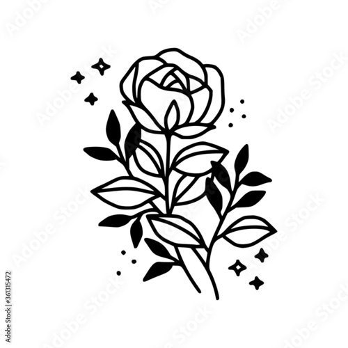 Hand drawn rose flower element. Floral line art for feminine logo  icon  business card  wedding invitation  or decoration