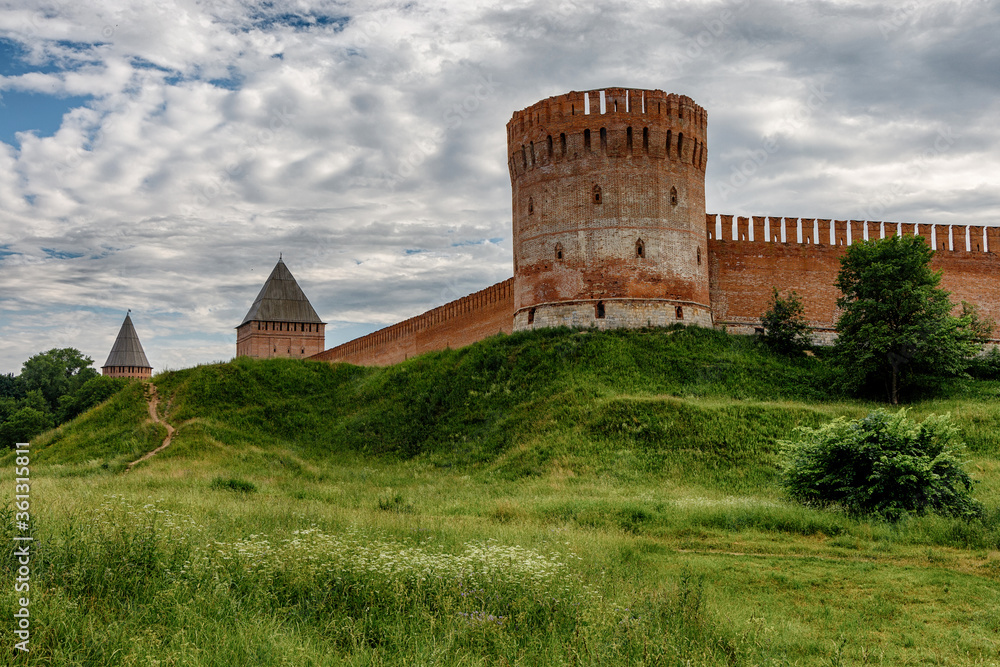 Old Fortress on a green hill. The fortress wall in Smolensk. Russia