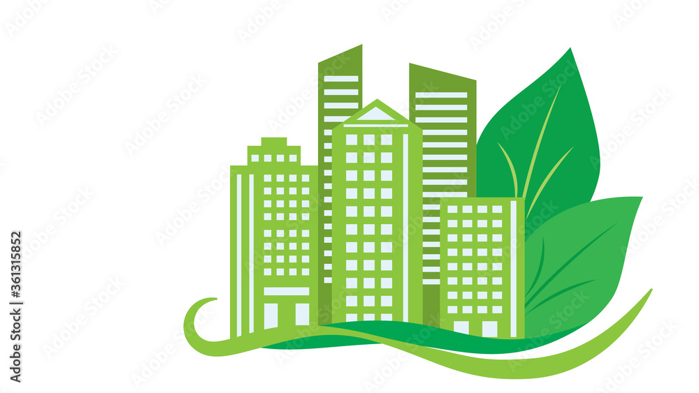 Green city and ecology concept, modern buildings and green leaves,  flat design vector illustration.