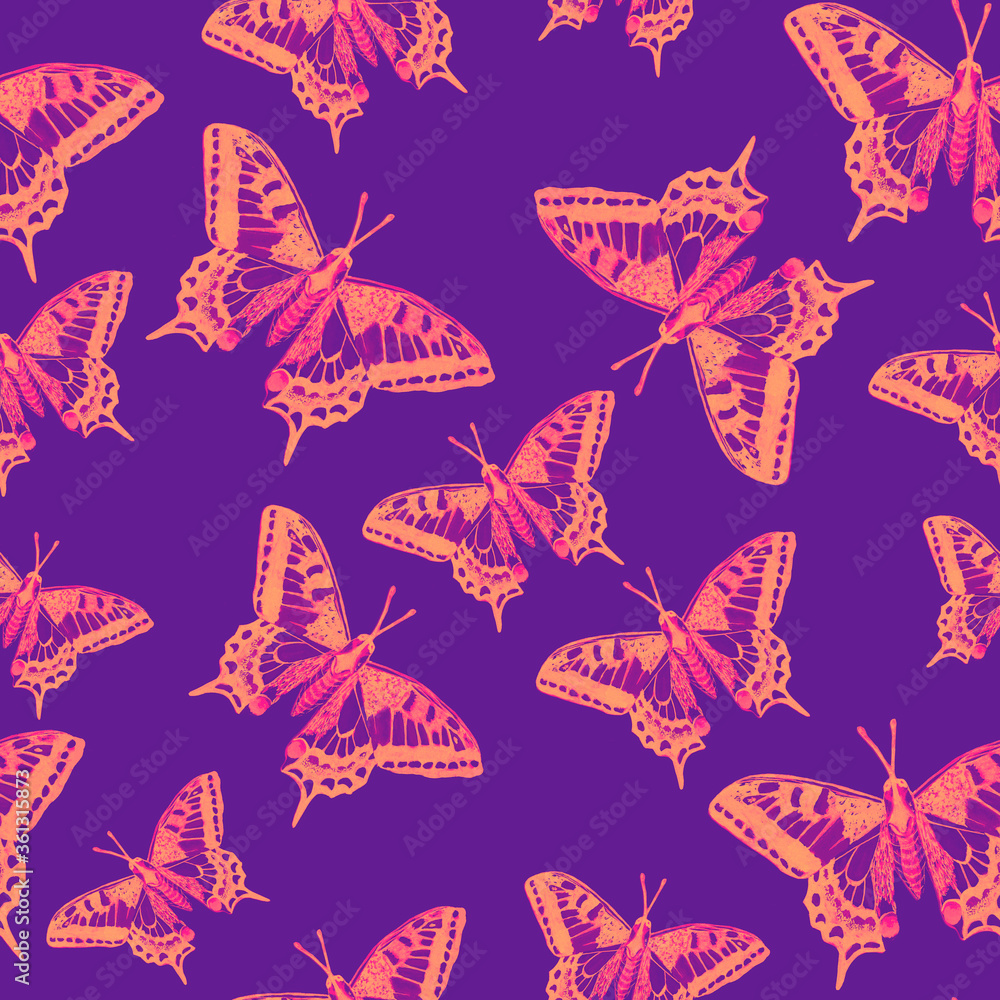 Seamless pattern with watercolor butterflies on the violet background Seamless pattern with watercolor butterflies on the violet background