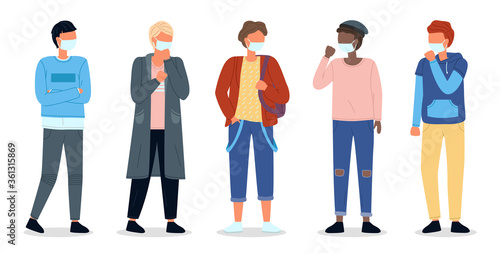 Multinational men wearing face medical masks. Viral pandemia. People in protective masks at white. Vector cartoon characters. Coronavirus 2019-ncov flu. Respiratory protection virus pandemia