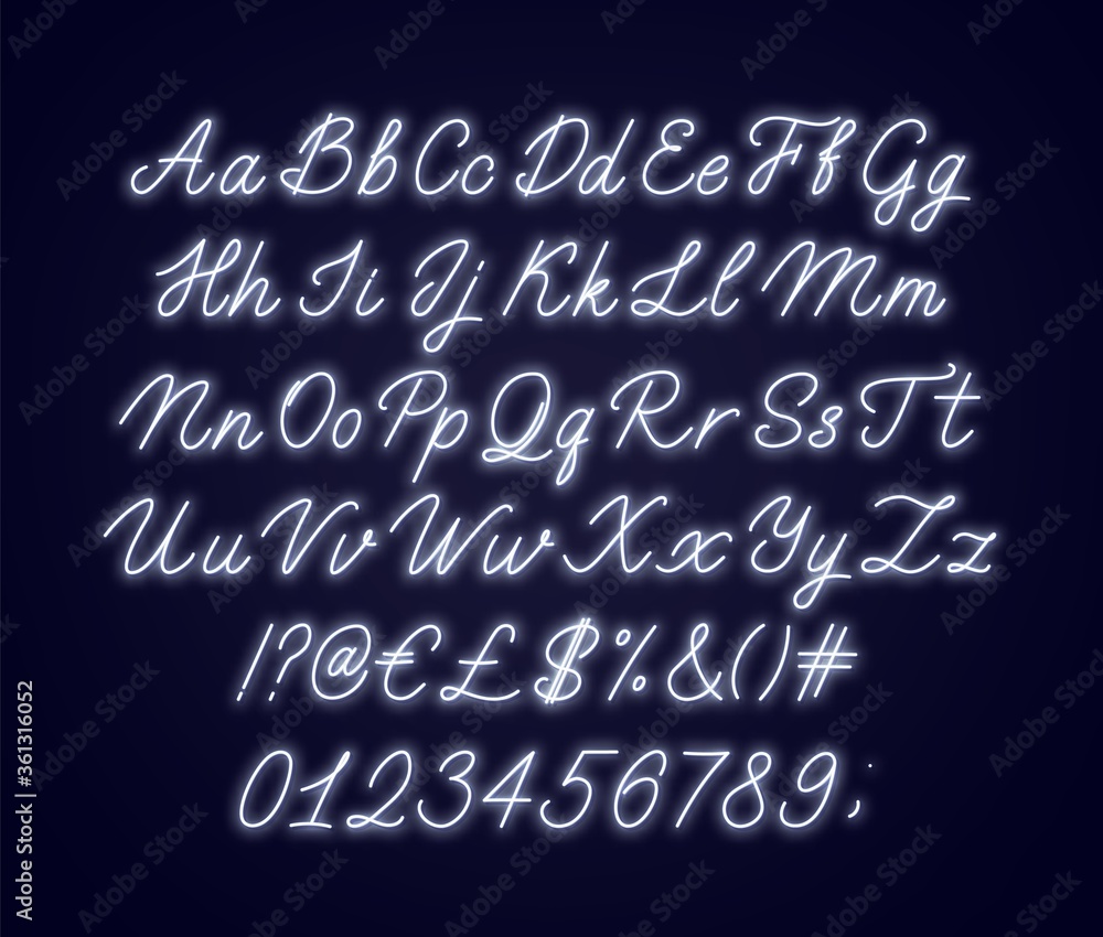 Neon white script alphabet. Glowing cursive font with letters, numbers and special characters on a dark background. Neon white script alphabet. Glowing cursive font with letters, numbers and special characters on a dark background.