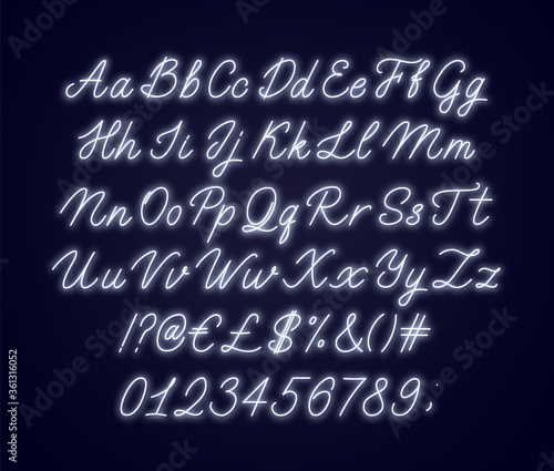Neon white script alphabet. Glowing cursive font with letters, numbers and special characters on a dark background.