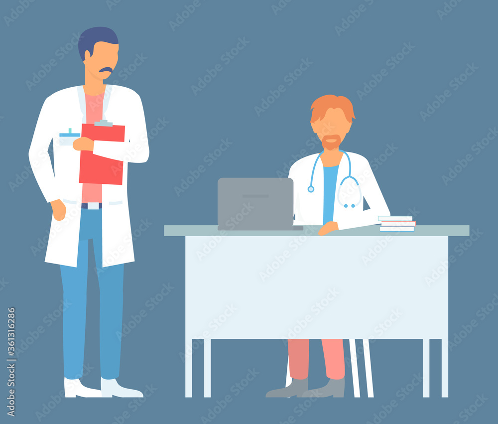 Meeting of two doctors in medical office. Consultation and diagnosis. Doctor with clipboard talking to medical man sitting at the computer at hospital office. Clinic appointment meeting with doctor Meeting of two doctors in medical office. Consultation and diagnosis. Doctor with clipboard talking to medical man sitting at the computer at hospital office. Clinic appointment meeting with doctor