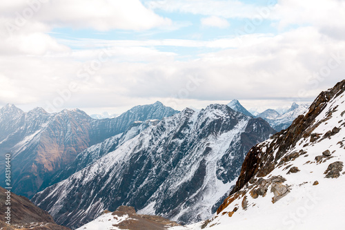 High rocky mountain landscape. Beautiful scenic view of mount. Alps ski resort. Austria, Stubai, Stubaier Gletscher