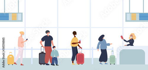 People staying in the line in the airport and keeping social distance during coronavirus pandemic. People in medical masks to be protected from coronavirus.