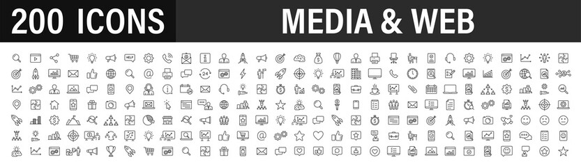 Set of 200 Media and Web icons in line style. Data analytics, Digital marketing, Management, Message, Phone. Vector illustration.