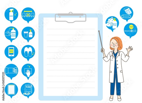 指示棒を持って説明する女性医師と医療のアイコン