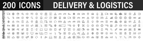 Set of 200 Delivery and logistics web icons in line style. Courier, shipping, express delivery, tracking order, support, business. Vector illustration.