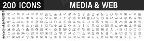 Set of 200 Media and Web icons in line style. Data analytics, Digital marketing, Management, Message, Phone. Vector illustration.