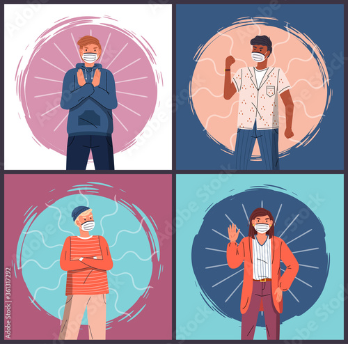 Set of illustrations with cartoon characters wearing face medical masks. Concept of world epidemic. Woman and men wearing medical masks gesturing stop sign of spreading virus. Flat style illustration