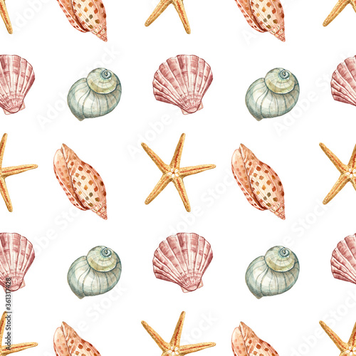 Watercolor shells seamless pattern. Nautical marine style print with underwater sea shells and starfish on white background. Summer vacations illustration. Tropical resort theme design
